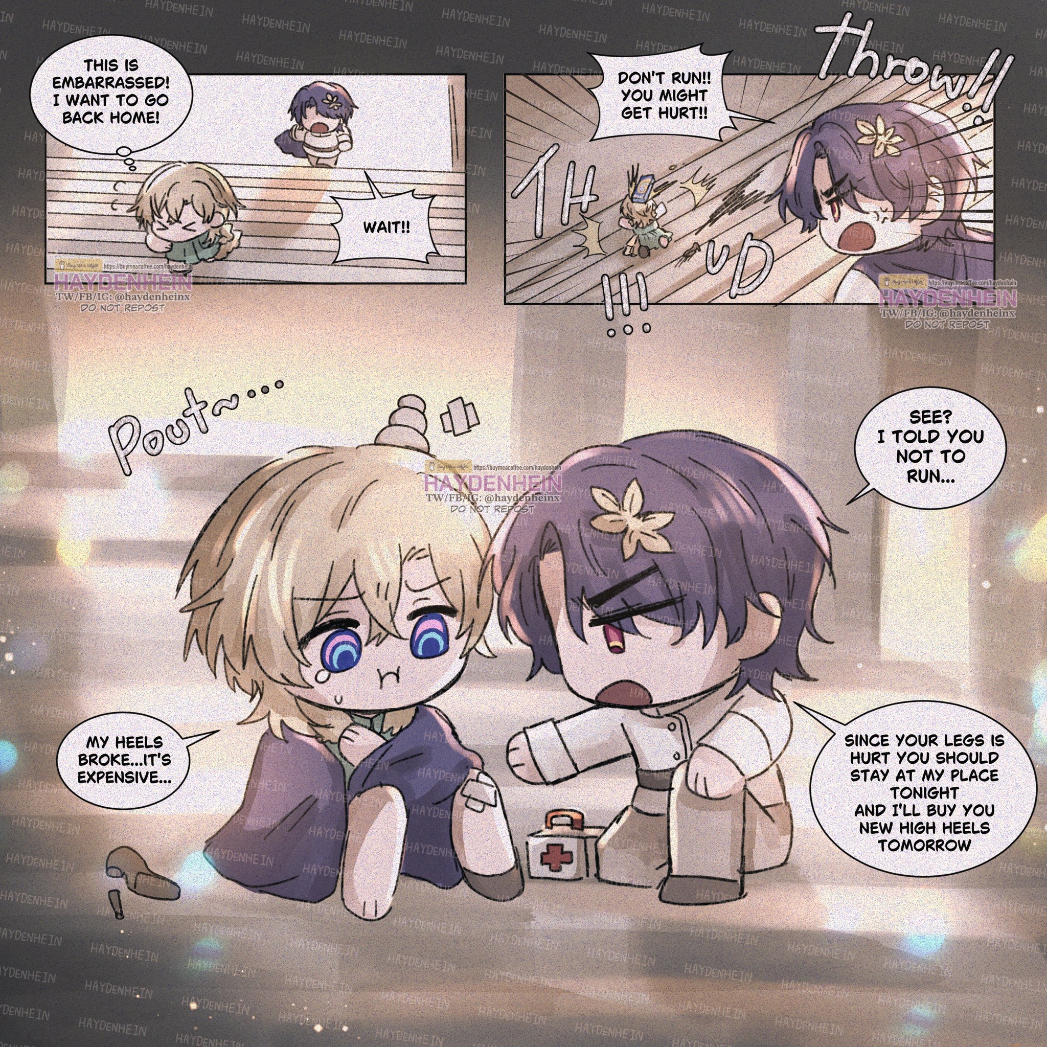 this is a comic book panel from a manga/anime about two boys, one blonde and one purplehaired. the blonde boy is injured and sitting on the ground, while the purplehaired boy is standing and trying to help him. the blonde boy has fallen and broken his heels. the purplehaired boy is offering to help him and buy him new heels. he has a firstaid kit with him.  the background is a garden setting with a sky above. the comic is in a chibi style.
