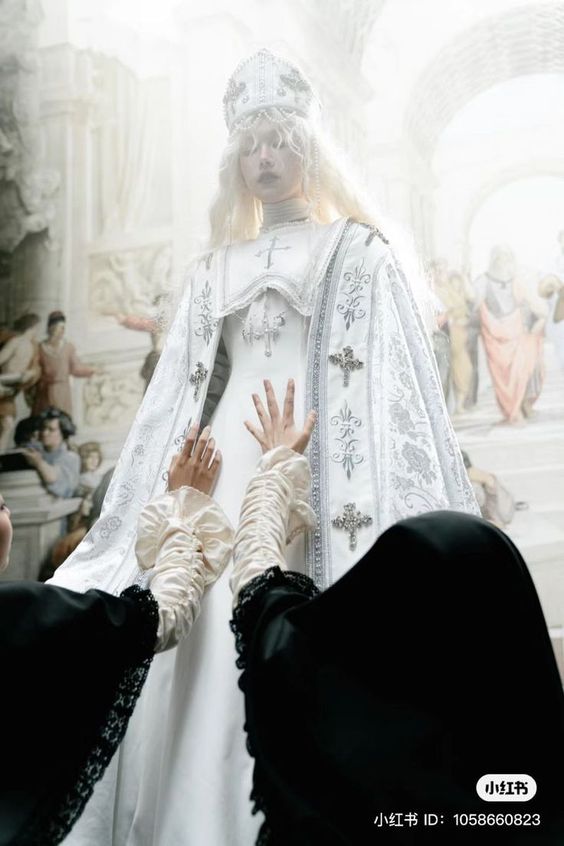 a woman in a stunning white gothic lolita dress, complete with a tall headdress and intricate silver embellishments, stands as the focal point. her long blonde hair cascades down her back. two other women, dressed in black and white with their faces obscured, reach out to touch her dress with reverence, suggesting an almost religious admiration. the setting appears to be a grand, lightfilled church with marble columns and religious imagery adorning the walls. the soft, natural lighting enhances the ethereal and almost sacred ambiance of the scene.