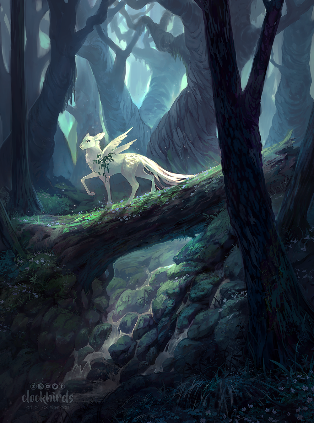 a white, ethereal creature resembling a fox with delicate wings walks across a fallen log bridge in a dark, mystical forest. the creature is adorned with flowers and glows with a soft, inner light. a small stream flows beneath the log, reflecting the faint light filtering through the dense canopy above. the scene evokes a sense of tranquility and magic.