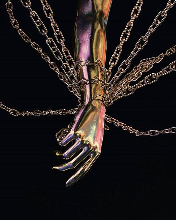 the image showcases a right arm, sculpted in a metallic, iridescent material that transitions from gold to pink hues. multiple chains bind the arm, converging at the wrist and extending outwards against a stark black background. the hand, depicted with a closed fist, emphasizes a sense of entrapment or struggle.