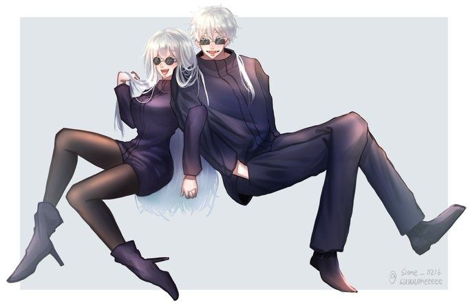 the image is a digital fanart depicting an anime couple. the girl has long white hair and is wearing a dark purple dress, black tights and boots, and sunglasses. the boy also has white hair and is wearing a dark purple suit, black shoes, and sunglasses. they are sitting close together, in a stylish pose. the art style is soft and smooth, with a focus on fashion and character design. the overall mood is romantic and stylish.