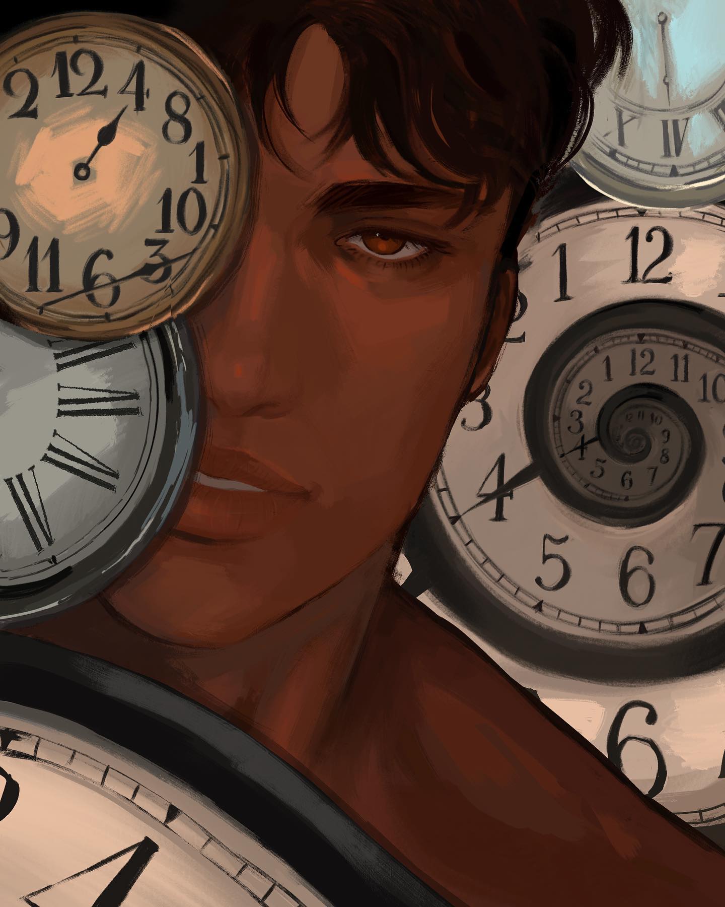the portrait features a man with dark hair and brown skin. his face is partially obscured by several analog clocks with various times displayed. one clock covers his left eye, while others surround him, creating a surreal and dreamlike atmosphere. the man's expression is neutral, but the image evokes a sense of introspection and contemplation of time. the overall color palette is warm and muted, further enhancing the dreamy ambiance.