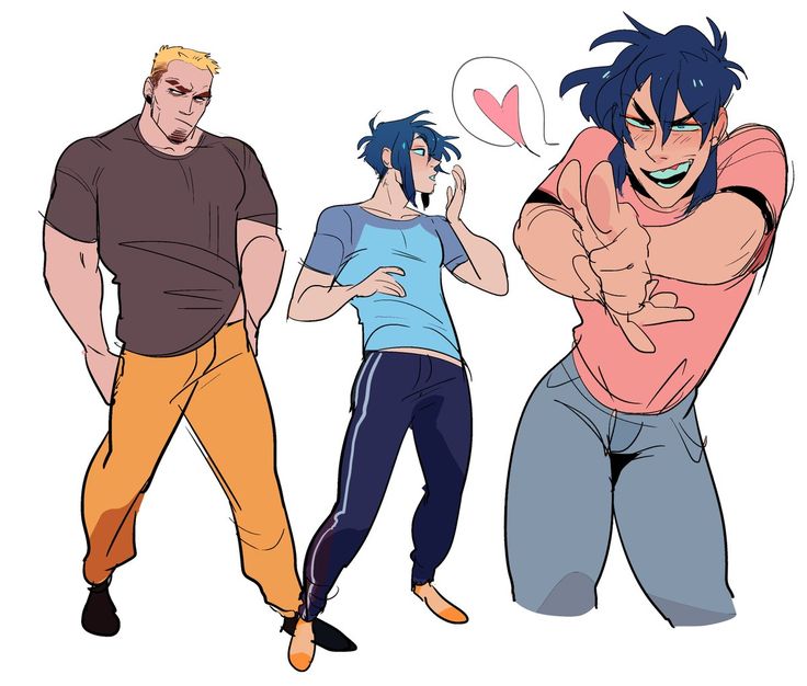 he image contains a digital drawing of three cartoon characters. the character on the left is a muscular blond man wearing a brown tshirt and orange pants. the character in the middle is a slender person with blue hair wearing a light blue tshirt and dark blue pants. the character on the right has blue hair and is wearing a pink shirt and light blue jeans, and appears to be playfully posing for the camera.  the art style is reminiscent of anime or manga, with bold outlines and vibrant colors.  there's a small heart drawn above the middle and right characters suggesting a possible romantic connection between them.