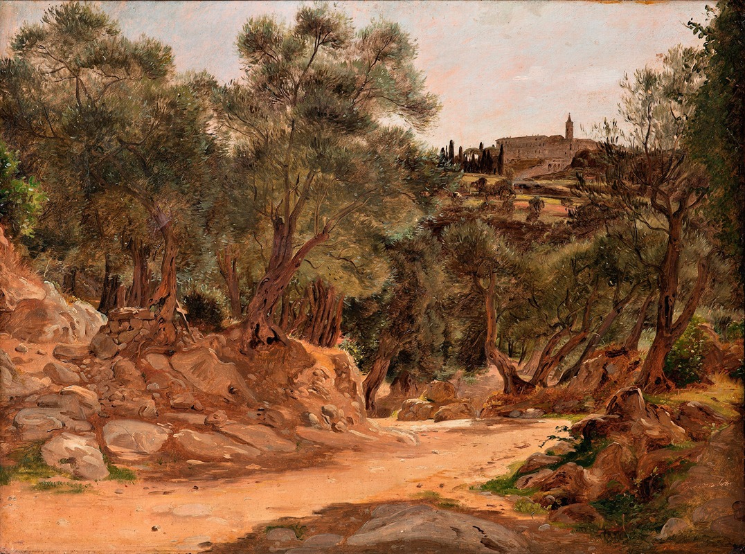 the image is a painting depicting a rural landscape with a dirt road winding through olive trees and rocky terrain. in the background, a building with a tower stands atop a hillside. the painting captures a sense of tranquility and the beauty of the natural environment.