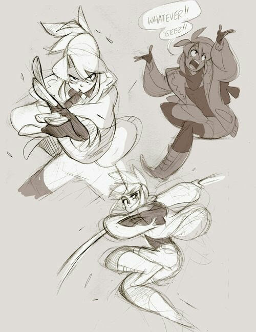 the image depicts a sketch of three anime characters in various action poses. the character on the left is crouched in a fighting stance, while the character in the center is leaping forward with a sword drawn. the character on the right is standing with one hand on their hip and the other raised, looking surprised. the characters are all drawn with dynamic lines and expressive features. the drawing is done in a simple, sketchy style.