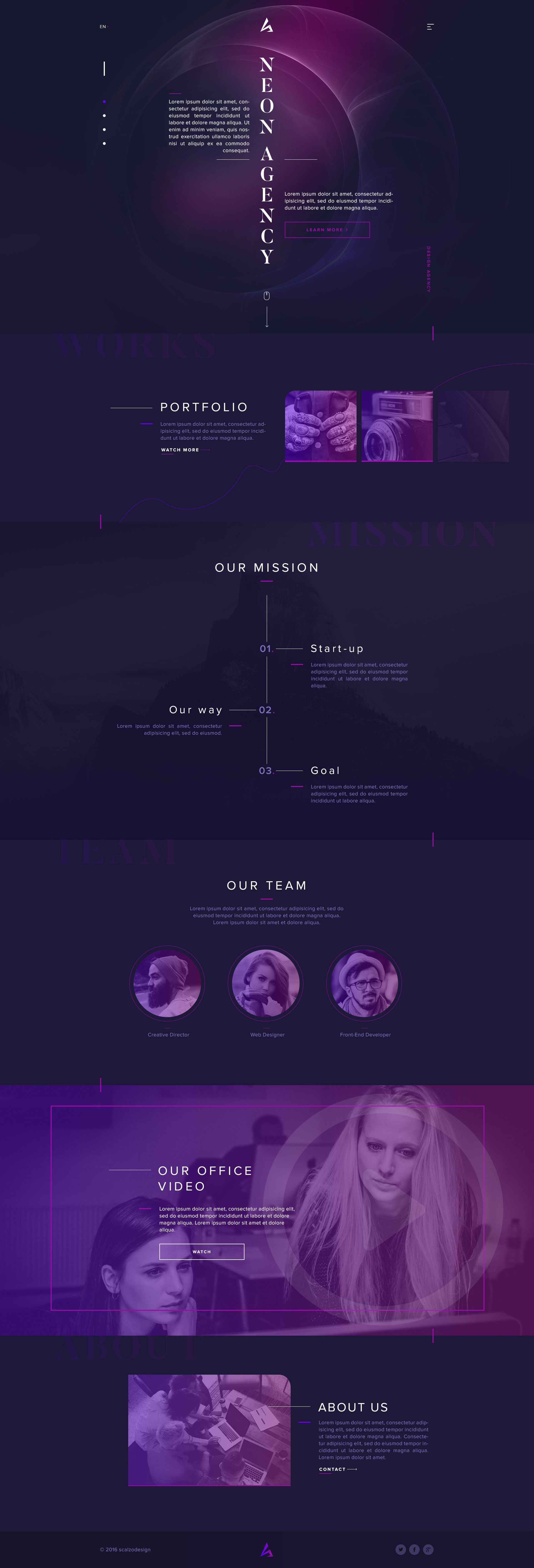 the image showcases a sleek and modern website design for a neon agency. the website features a dark color scheme with bold purple and blue accents. it has sections for portfolio, mission, team, office video, and about us. the design is minimalist and professional, with a clear call to action for users. the image also showcases a futuristic and creative aesthetic, making it ideal for a company in the technology or design industry.