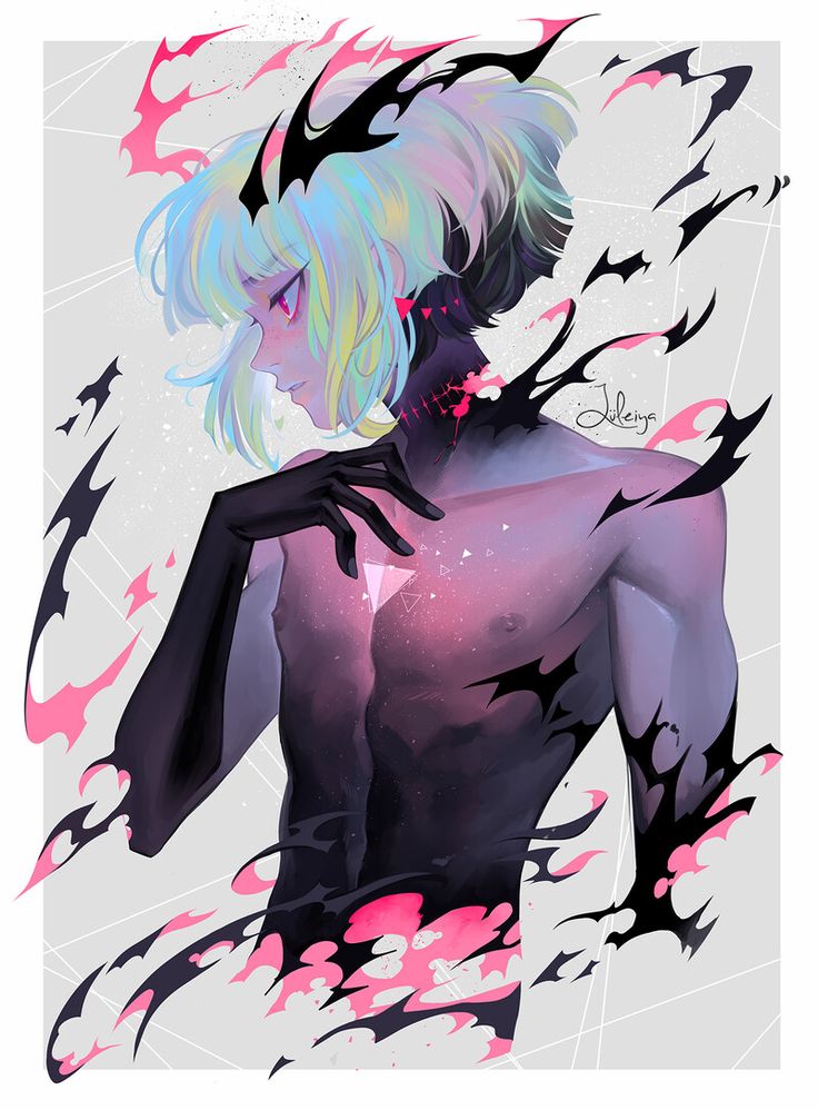 the image is a digital fanart depicting a stylized animestyle male character. he has short, pastelcolored hair with sharp, black hornlike protrusions. his skin is a blend of pale tones with darker, almost shadowy areas on his torso and limbs.  black, flamelike shapes swirl around him, creating an abstract and ethereal effect.  he appears to have some type of scarring or body modification on his neck.  the overall color palette is a striking contrast of pastel pinks and purples against deep blacks.  the style is heavily influenced by current digital art trends. the artist's signature, "juleinya," is visible in the upper right portion of the image.