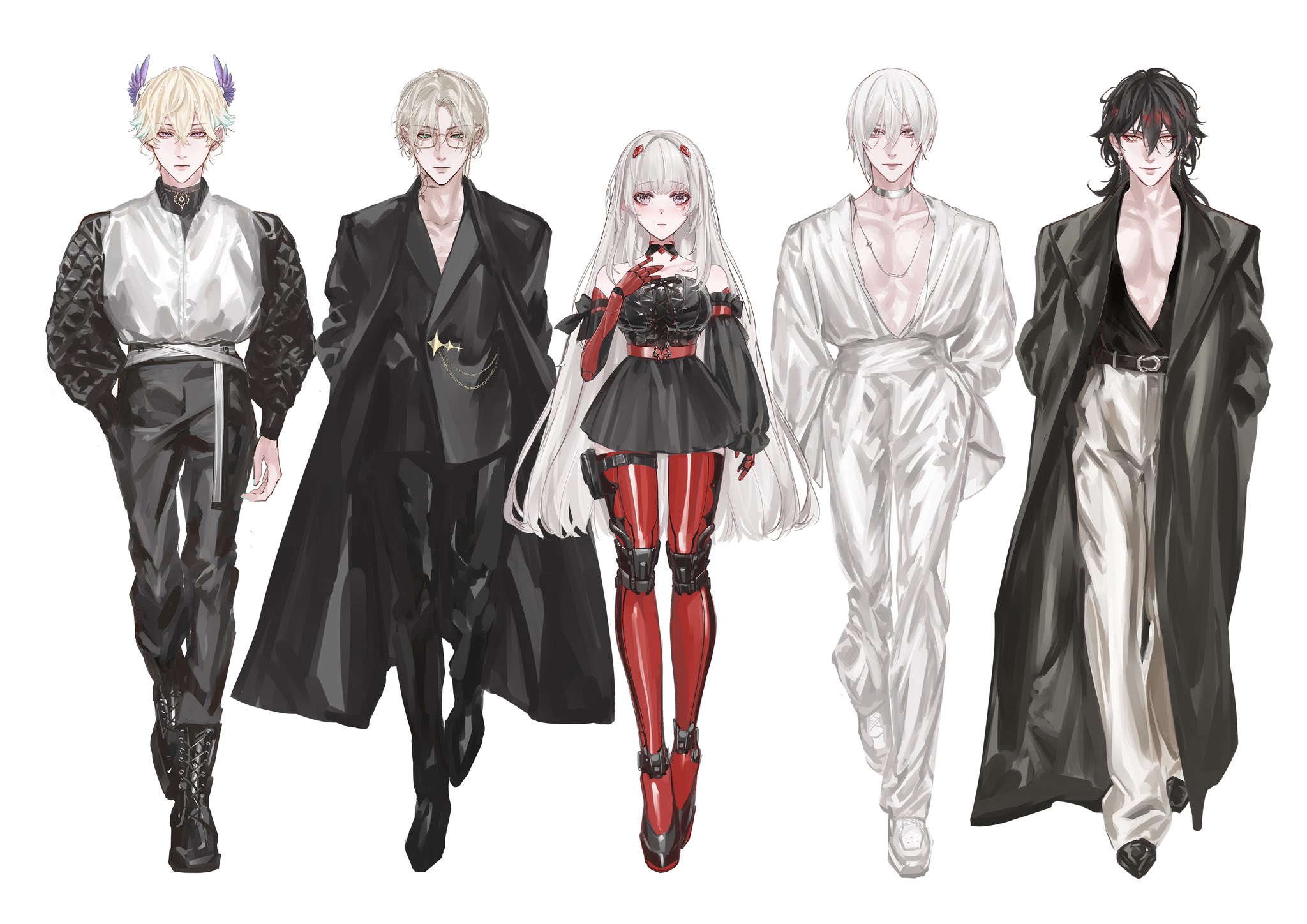 the image shows five anime characters standing in a row facing forward. the characters are all dressed in different styles of clothing. the first character on the left is wearing a white and black outfit with a black coat. the second character is wearing a black suit with a black coat. the third character is wearing a white dress with a black belt, and red boots. the fourth character is wearing a white suit with a white coat. the last character on the right is wearing a black suit and a black coat. the characters are all standing on a white background. the characters are all drawn in a cartoon style with anime features.