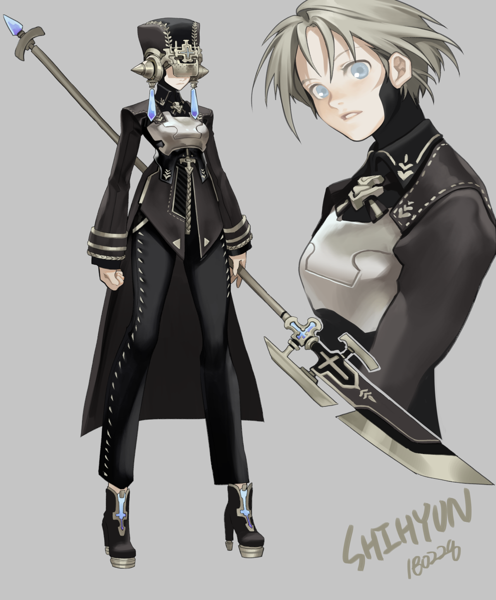 a digital illustration of a female character design on a gray background. the character has short, white hair and blue eyes, and  wears a black and silver military uniform with a large hat, thighhigh boots, and a spear. a closeup of the character's face and torso is shown on the right. the artist's signature and the date "180226" are visible in the lower right corner.