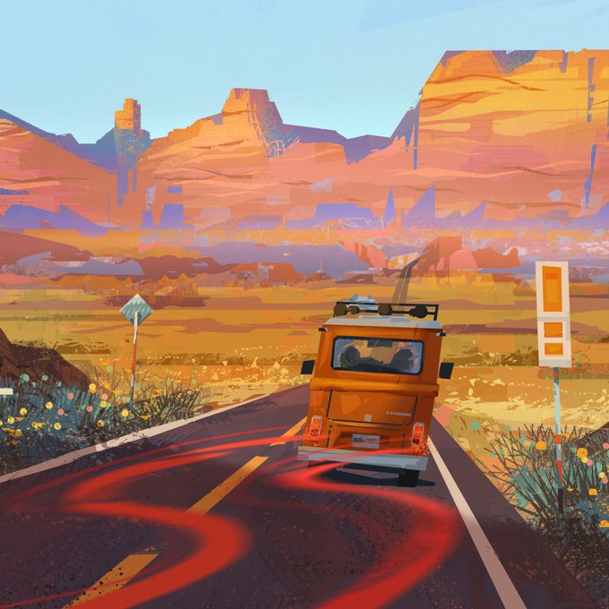a vintage orange van drives down an empty road cutting through a desert landscape. the sun is setting, casting a warm golden glow on the scene. large, layered rock formations fill the background. red stylized tire tracks trail behind the van, suggesting speed and motion. the overall feeling is one of adventure and freedom.