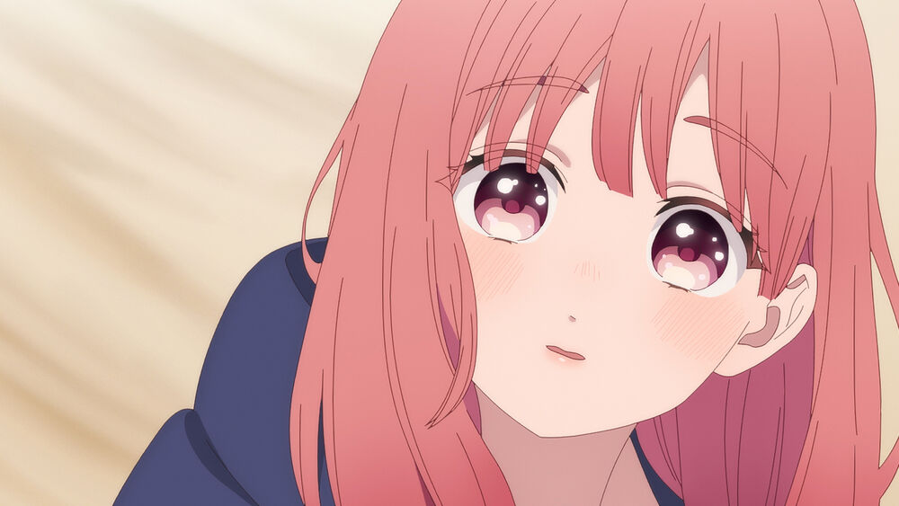 a closeup illustration of a young woman with pink hair and blushing cheeks. her eyes are large and expressive with heartshaped pupils, conveying a sense of shyness and innocence. the soft lighting and closeup perspective create an intimate and endearing atmosphere.