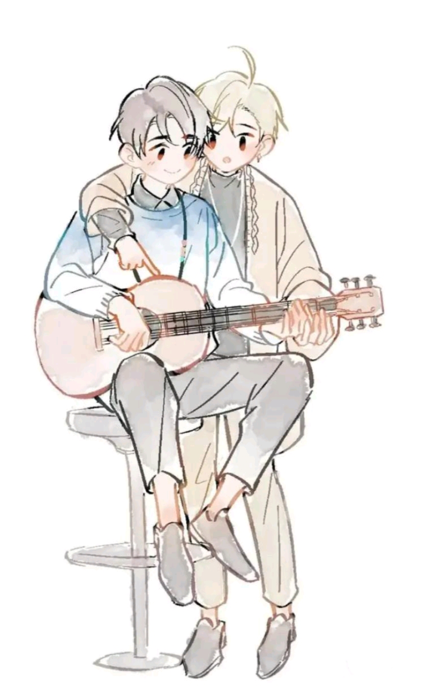 the image shows an illustration in anime style of two people sitting on a chair and playing a guitar. a man with gray hair sits on a stool playing the guitar, and a woman with blonde hair has her arm around his shoulder as they play together. the characters appear to be a couple, or close friends.