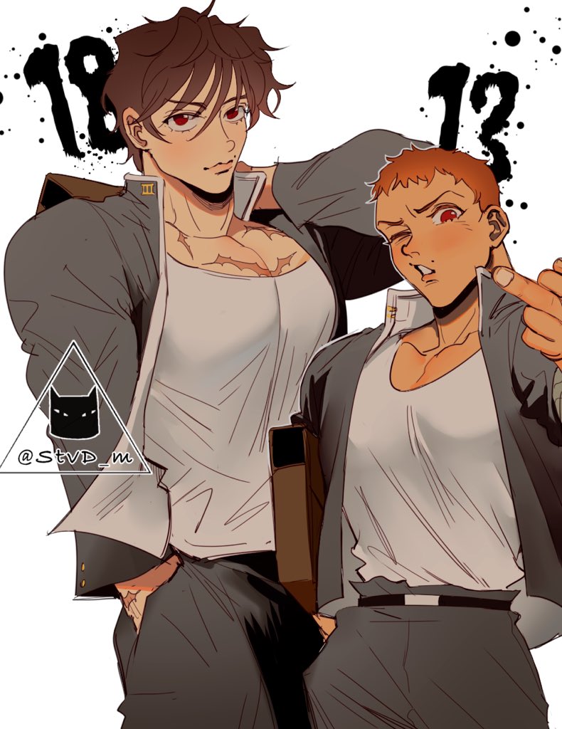 this is a drawing of two anime boys standing next to each other. the boy on the left is taller and is wearing a grey jacket over a white shirt and black pants. the boy on the right is wearing a black jacket over a white shirt and grey pants. both boys are looking towards the right side of the frame, at something offscreen. the boy on the right is looking directly at the viewer. there is a black cat in a white triangle in the bottom left corner. there are handwritten numbers 18 and 12 in the top left and top right corners.