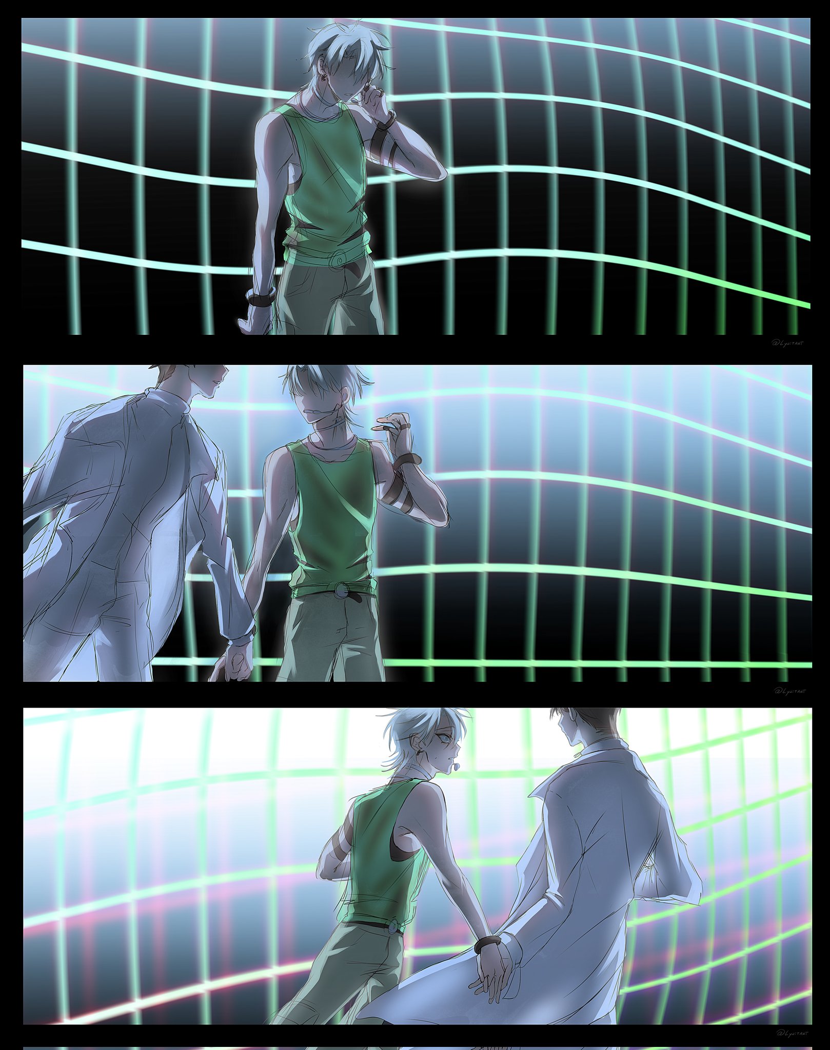 this is a digital illustration of four anime boys. the top panel shows two boys, one in a green shirt and the other in a white shirt. the middle panel shows two boys, one in a green shirt and the other in a white shirt. the bottom panel shows two boys, one in a green shirt and the other in a white coat. all the boys are facing the left side of the image. the background is a grid pattern with lines of various colors. the art style is bright and colorful.