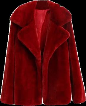 a red fur coat is displayed against a black background. the coat has a wide collar and is unbuttoned.