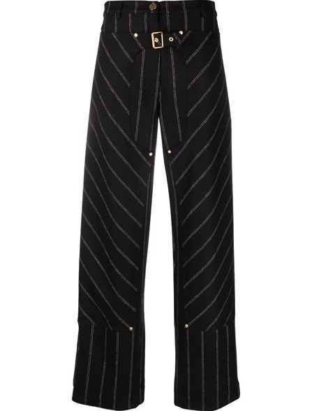 a pair of highwaisted, wideleg pants with a black and white pinstripe pattern is presented in a full shot. the pants feature a prominent waistband with a gold buckle. the stripes change direction at the upper thighs, forming a chevronlike design. the lower portion of the pants features vertical stripes.