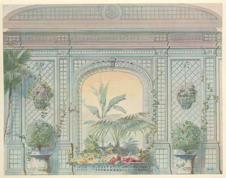 watercolor painting of an interior space with light blue trellis wall panels, an arched window filled with plants, hanging flower baskets, and potted plants. the scene depicts a serene garden or conservatory setting with detailed architectural elements and lush greenery.