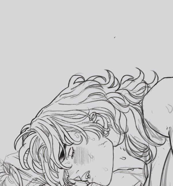 a sketch of a couple kissing, depicting a romantic and intimate moment. one person has their head on a pillow, while the other leans in to kiss them. the image focuses on the expressions and the way their hair intertwines.