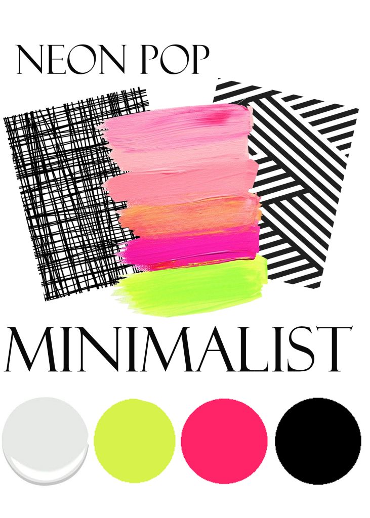 a graphic design image showcasing a "neon pop minimalist" theme. it features colorful paint strokes in shades of pink, orange, neon pink, and neon yellow layered on top of each other, juxtaposed with two black and white patterned backgrounds. below the graphic, there's a color palette consisting of a light gray, neon yellow, hot pink, and black circle. the words "neon pop" are at the top, and "minimalist" is at the bottom.