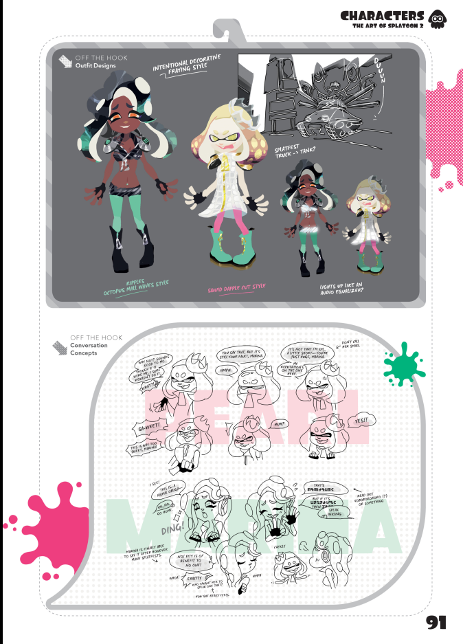 this image is a twopage spread from the art of splatoon 2, an artbook for the video game splatoon 2. the spread showcases design and concept art for the character marina, one half of the pop idol duo off the hook. the left page features a variety of outfit designs and poses for marina, while the right page focuses on different conversation concepts, exploring her expressions and dialogue. the artwork is presented in a colorful and energetic style, with handwritten annotations and sketches providing insight into the creative process behind the character's development.