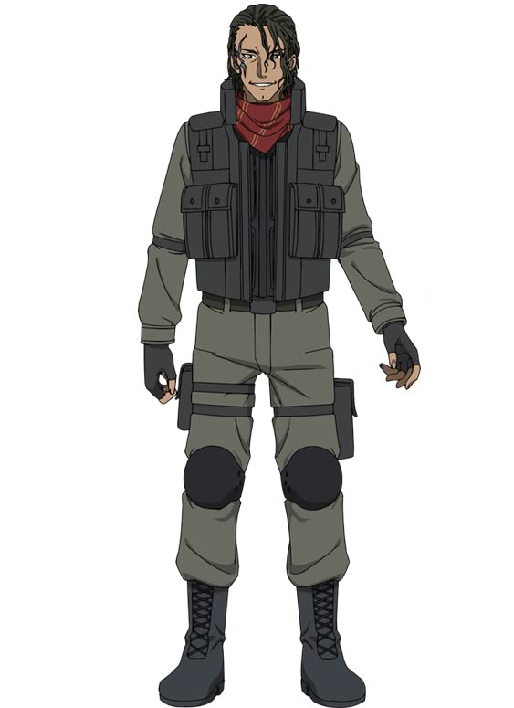this image features a male anime character in a tactical military outfit, standing against a white background. he has dark hair, a red scarf, and is wearing combat boots, tactical pants and a vest. he's holding a gun in one hand and is looking forward with a determined expression.