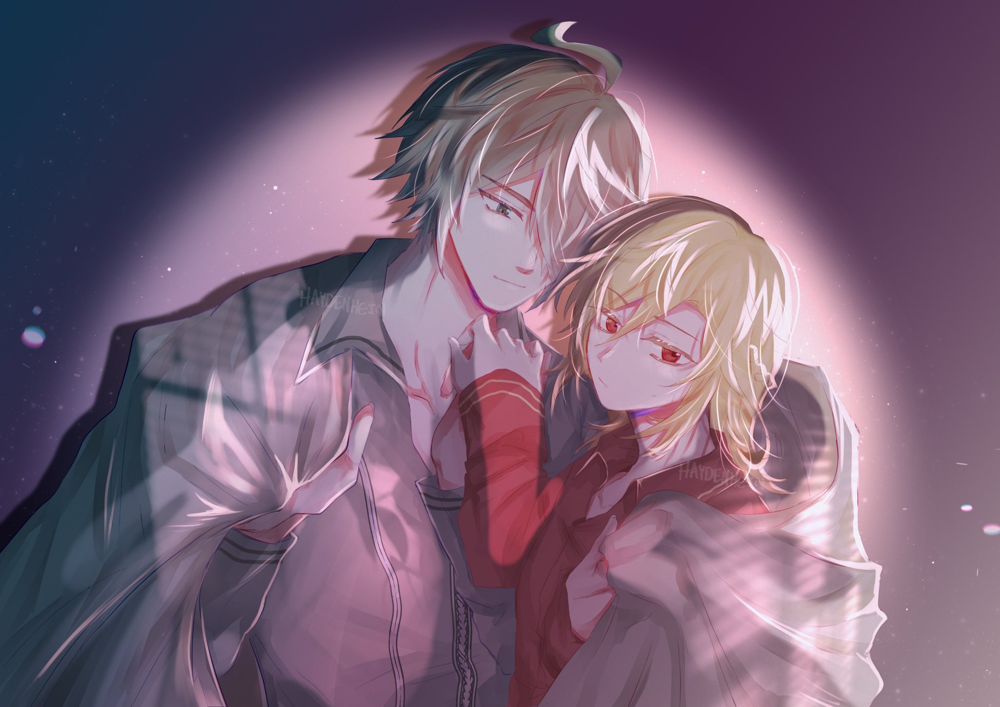 this digital artwork depicts two anime characters, a male and a female, embracing each other. the male is on the left, with a gentle expression and blonde hair, while the female is on the right, blushing slightly with red eyes and blonde hair. the overall mood is affectionate and romantic, with the characters appearing to be deeply in love. the background is a soft purple with a faint glow, creating a warm and intimate atmosphere. the artwork's style is detailed and expressive, highlighting the characters' emotions and the intensity of their bond.