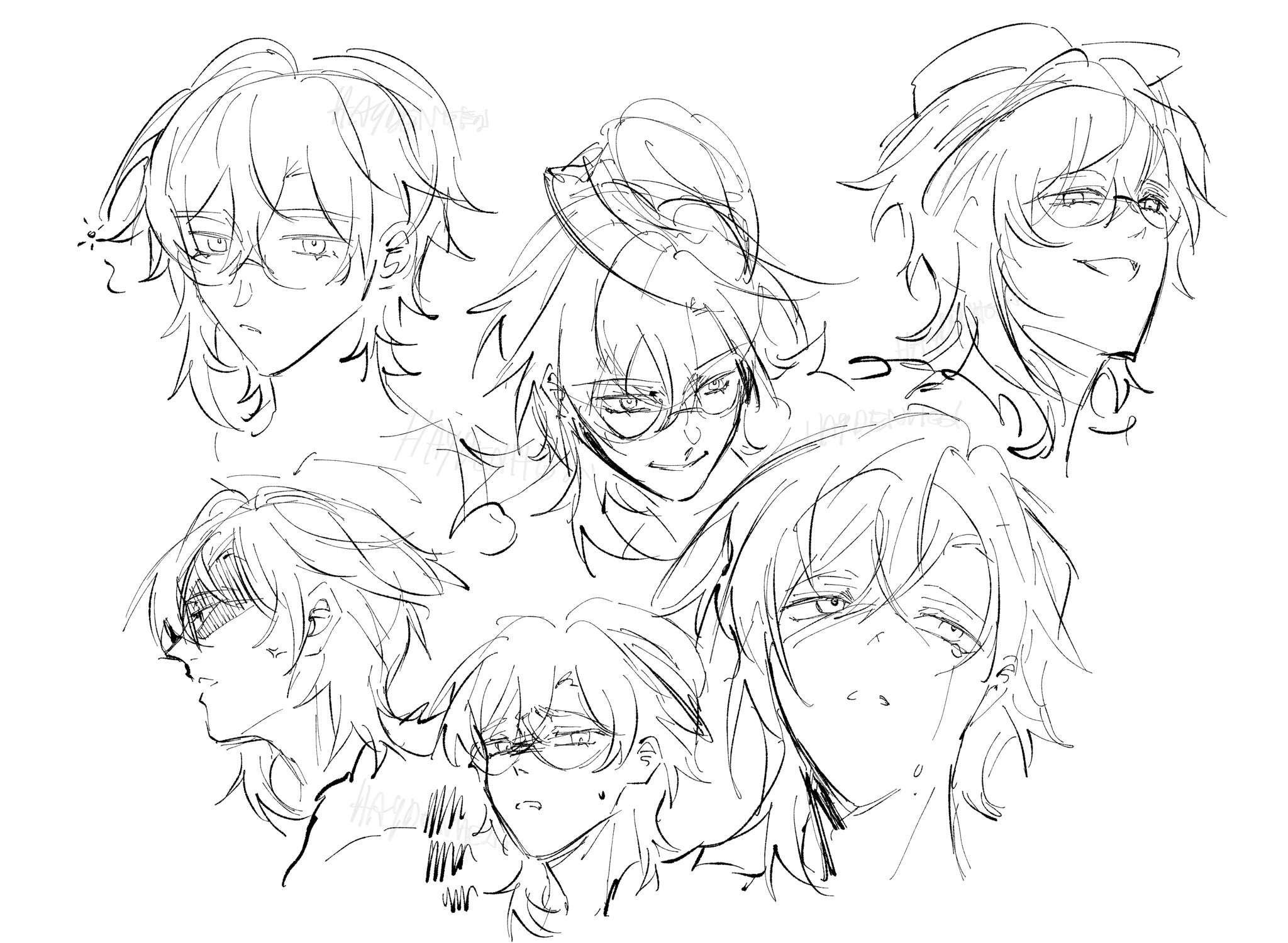 a black and white drawing of 5 anime characters. the characters are drawn in a simple style with thin lines and are mostly just their heads and shoulders.  the characters have different expressions and styles of hair. the drawing is likely a sketch for a larger work of art.