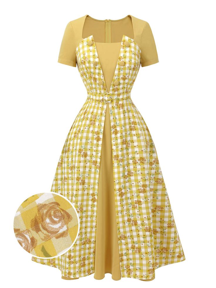 a yellow vintagestyle dress with a floral print. the dress has a fitted bodice with a square neckline and short sleeves. the skirt is full and flares out from the waist. the dress is made of a lightweight fabric and has a zipper closure at the back.