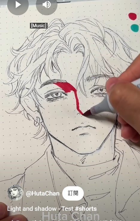 a hand is drawing a red line on the face of a male anime character. the artist is using a marker on a piece of paper with a grid background. the character has black hair, a defined jaw line, and is slightly smiling. the artist is holding the marker with their index and thumb. the drawing is in an anime/manga style and features a closeup of the face.