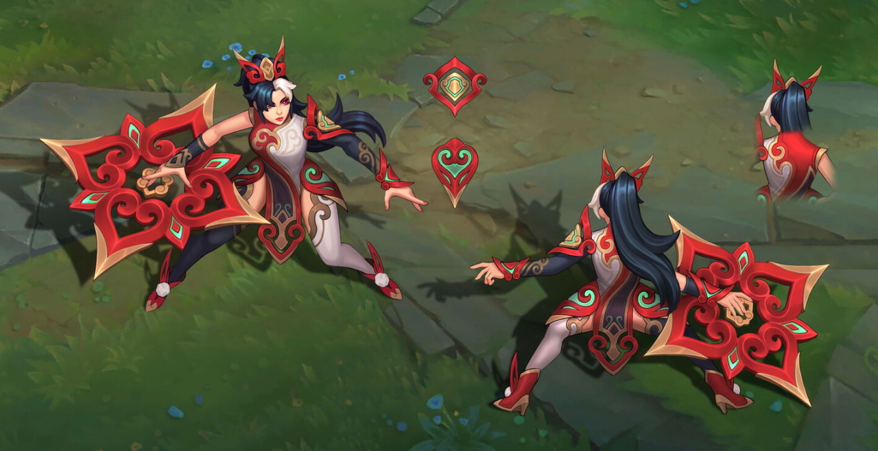 the image showcases concept art for the spirit blossom ahri skin from the popular video game league of legends.  multiple views of the character are presented, including a front view, a back view, and a threequarter view showing her from the side and back.  ahri is depicted in a stunning red and gold outfit with intricate chineseinspired designs and patterns.  she wields a large, ornate, red and gold weapon that resembles a stylized flower or shield.  smaller images of design elements (likely for the outfit and weapon) are also shown separately.  the art style is vibrant and detailed, characteristic of highquality video game concept art. the background suggests a game environment with grassy ground and stone textures.