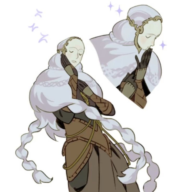 the image showcases a digital drawing of a female character in a fantasy style.  she is depicted in two poses: a larger, more detailed pose with her arms crossed, subtly suggesting prayer or contemplation; and a smaller pose showing her head bowed in what seems to be a prayerful or reverent position. her attire includes a long, flowing white hooded cloak with braids/pigtails that are a similar light purple.  underneath, she wears brown, intricately designed clothing with gold accents. her skin is pale, and her expression is calm and peaceful.  small, sparkling lightpurple stars float around her head in the smaller pose, suggesting a magical or ethereal quality. the art style resembles anime or manga with soft lines and pastel colors.