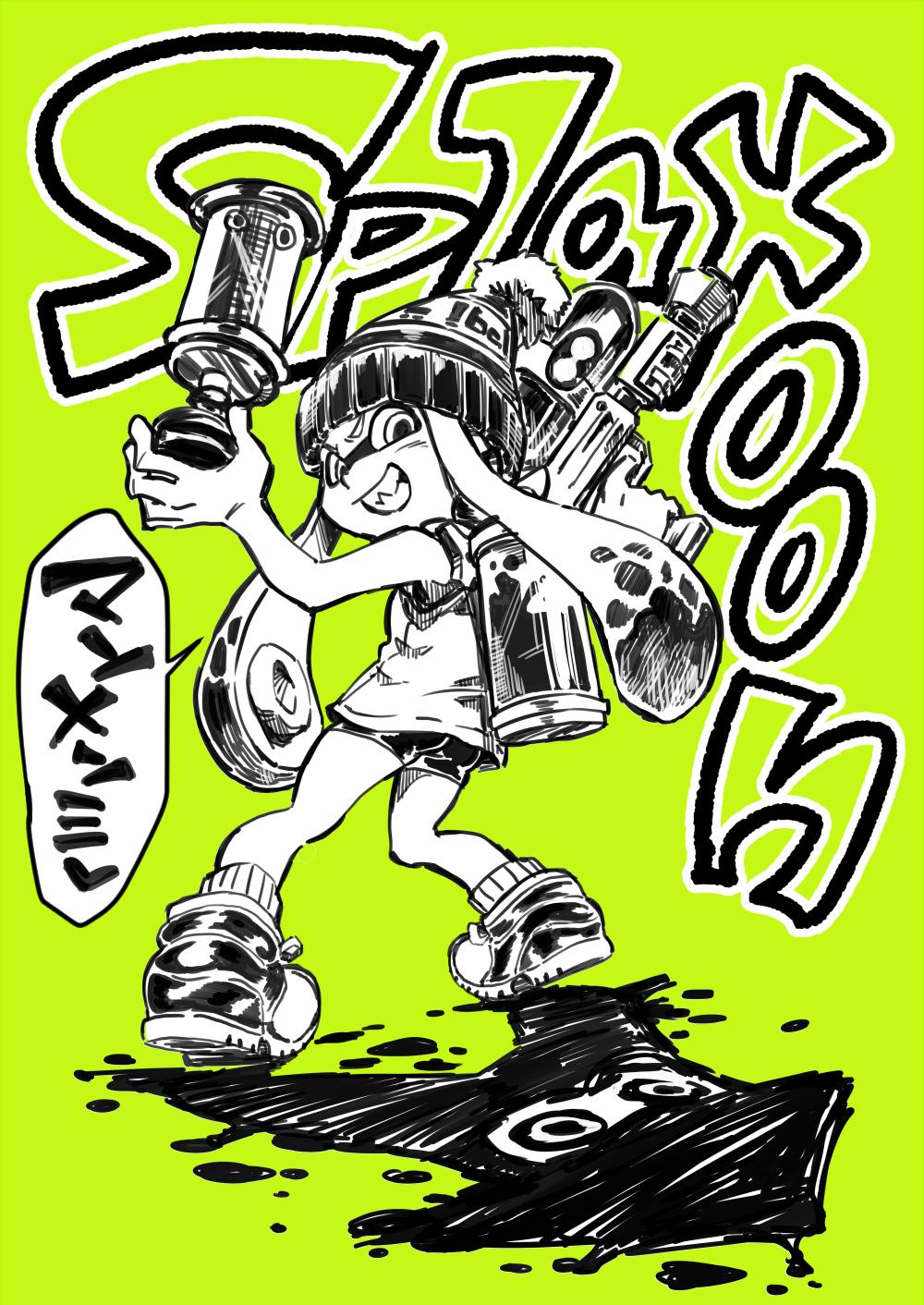 a black and white drawing of an inkling girl from splatoon on a lime green background. she is holding a spray paint gun and has a mischievous expression. she's wearing a beanie hat, and her outfit is splattered with ink. the word "splatooooon" is written in graffitistyle behind her, and there's a puddle of black ink at her feet.