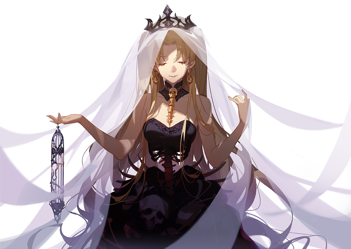 a digital art piece shows an anime girl with long blond hair, wearing a dark, gothic dress and a white veil. she has a crown on her head and is adorned with skull jewelry. her dress features a ribcage design and skulls scattered at the bottom. she's holding a cage in one hand and smiling with her eyes closed.
