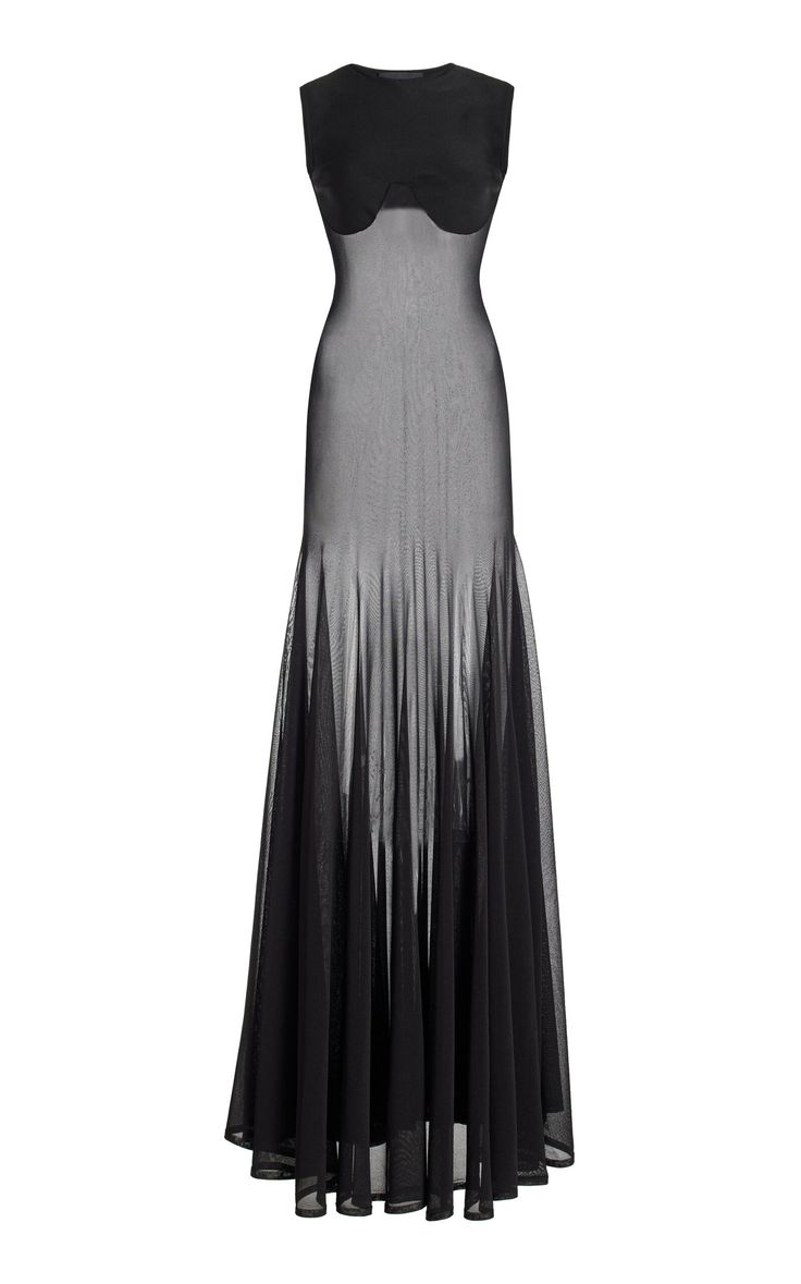 the image shows a black sheer maxi dress.  the dress is sleeveless and has a fitted bodice that flows into a flared skirt. the top layer of the dress is a sheer mesh, revealing a solid black underlayer. the dress appears to be made of a lightweight, flowing fabric.  the overall style is elegant and formal, suitable for an evening event or special occasion.