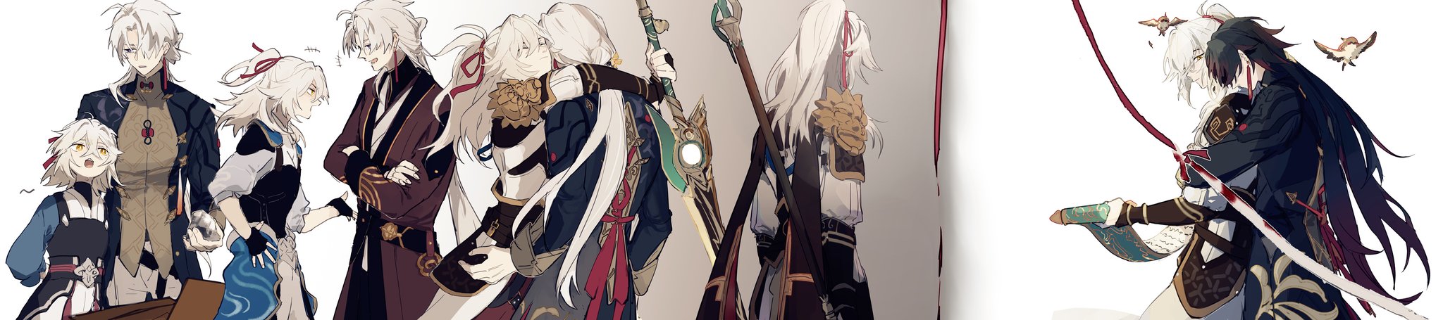 this is an animestyle illustration depicting a group of four characters, all with long white hair, in various poses. the image is a colorful and dynamic drawing in a digital art style. it shows a group of male and female characters, some holding swords and others holding their hands or arms in a dramatic way. the characters' clothing is elaborate and adorned with gold, blue, and red patterns. the image is a highquality illustration filled with detail and expression, capturing the essence of anime art style.