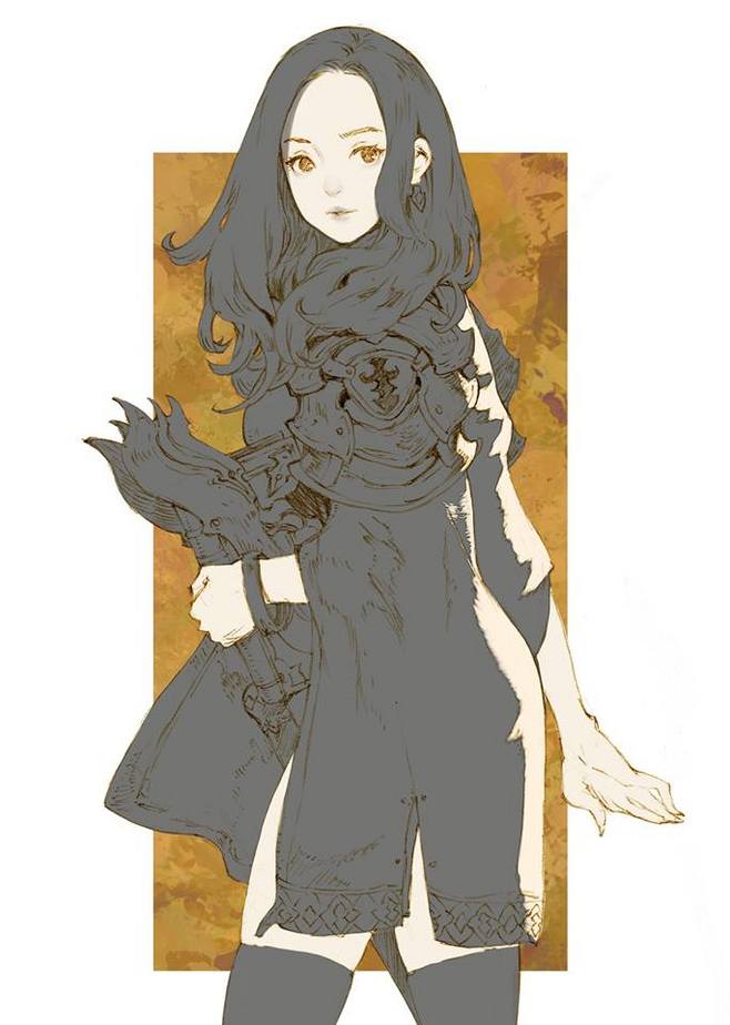 the image showcases a digital drawing of a young female warrior. she has long, flowing dark hair and is dressed in light armor that consists of a breastplate, pauldrons, and thigh guards. she holds a large, intricately designed sword in her left hand, partially obscured from view. the background is a simple textured gold color. the art style leans towards a sketch or concept art aesthetic, with visible line work and shading. the lighting is soft and diffused, giving the image a gentle and ethereal feel.