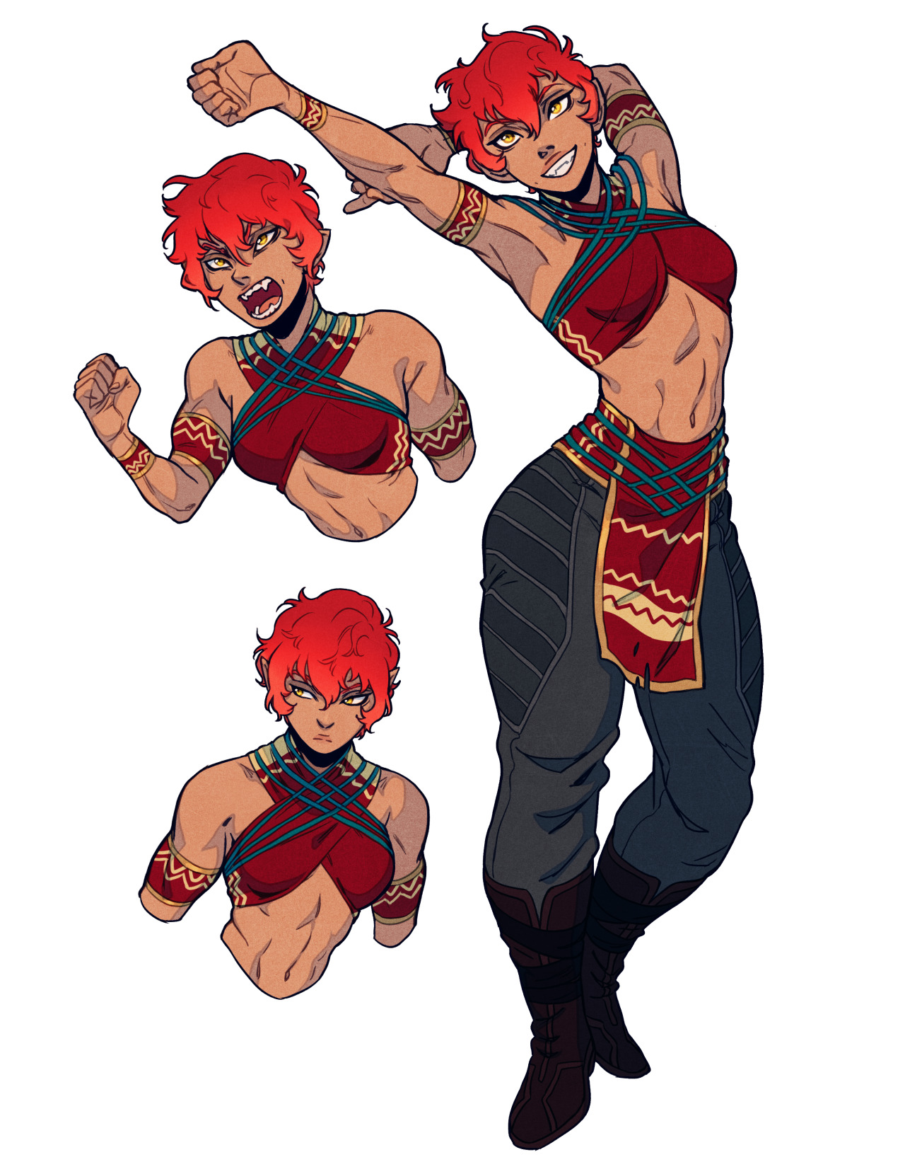 a digital illustration of a female fantasy warrior character design in three poses. she is drawn with bright red hair, brown skin, and gold eyes. she is wearing gray pants, brown boots, and a red and gold top. her expression is confident, strong, and fierce.