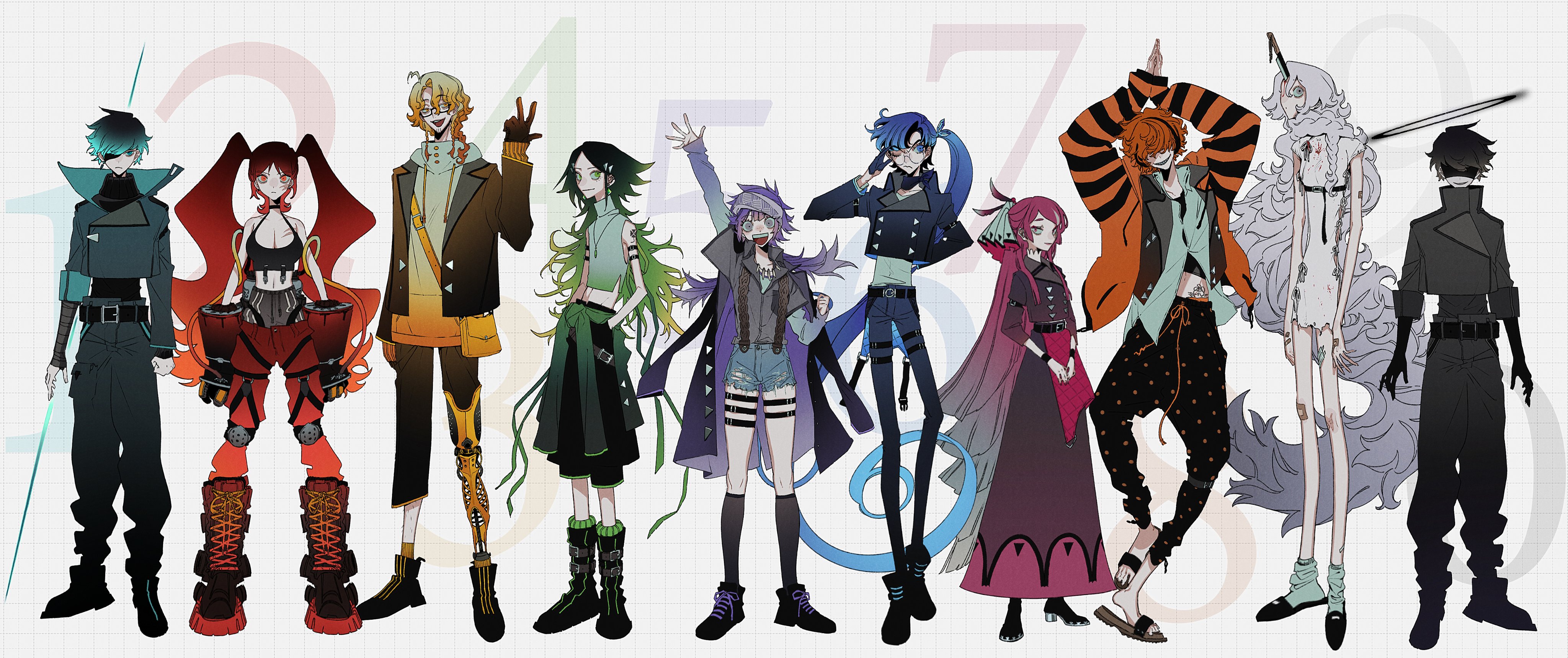 the image showcases a vibrant lineup of twelve distinct anime or manga characters.  each character boasts a unique and elaborate design, featuring diverse hairstyles, clothing styles, and accessories.  their outfits are colorful and stylized, combining various fashion elements. the characters are posed standing in a row against a grid background, possibly suggesting a digital or graphic design context.  numbers subtly appear in the background, but aren't prominently featured. the overall aesthetic is quirky and eyecatching, with a strong emphasis on unique visual details.
