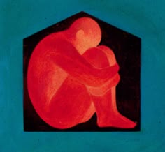 this image is an abstract minimalist illustration that portrays a solitary figure sitting inside a houseshaped silhouette. the figure is depicted in a red, almost silhouettelike form, hunched over and holding themselves in a position that suggests sadness or introspection. the background is a flat blue, providing a stark contrast to the red figure and emphasizing the isolation and vulnerability of the subject. the artwork uses simple shapes and minimal detail to create a powerful and evocative image. it could be interpreted as a representation of loneliness, depression, or the need for shelter and protection from the outside world.