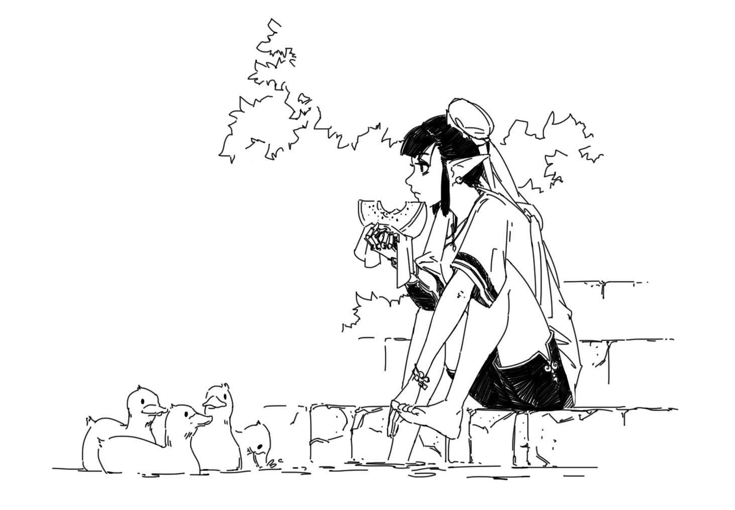 a black and white sketch of an animestyle girl with elflike ears sitting on a stone wall by a pond. she's eating a slice of watermelon and three ducks are in the water near her.  the style is casual and relaxed, depicting a peaceful summer scene. the artwork is done in a sketchy, expressive manner, rather than a polished style.