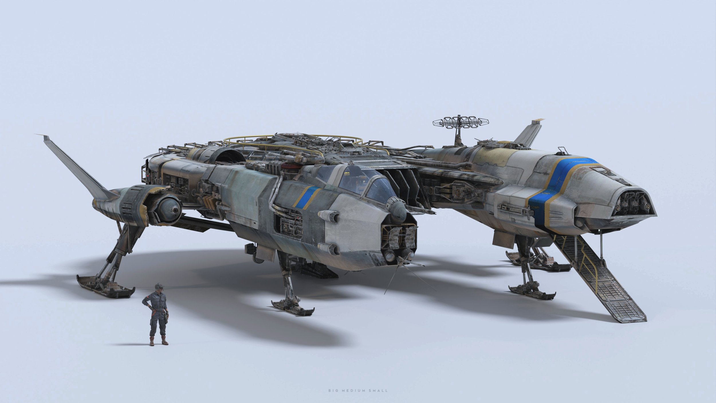a 3d rendering of a weathered, dualcockpit spaceship with skis for landing.  the spaceship is predominantly offwhite, grey, and green with some rusty and worn areas showing. a small figure of a person in military attire is standing in front of it for scale. the background is a simple, light grey. the image is welllit and shows details of the spaceship's construction. the text "big medium small" is barely visible at the bottom.