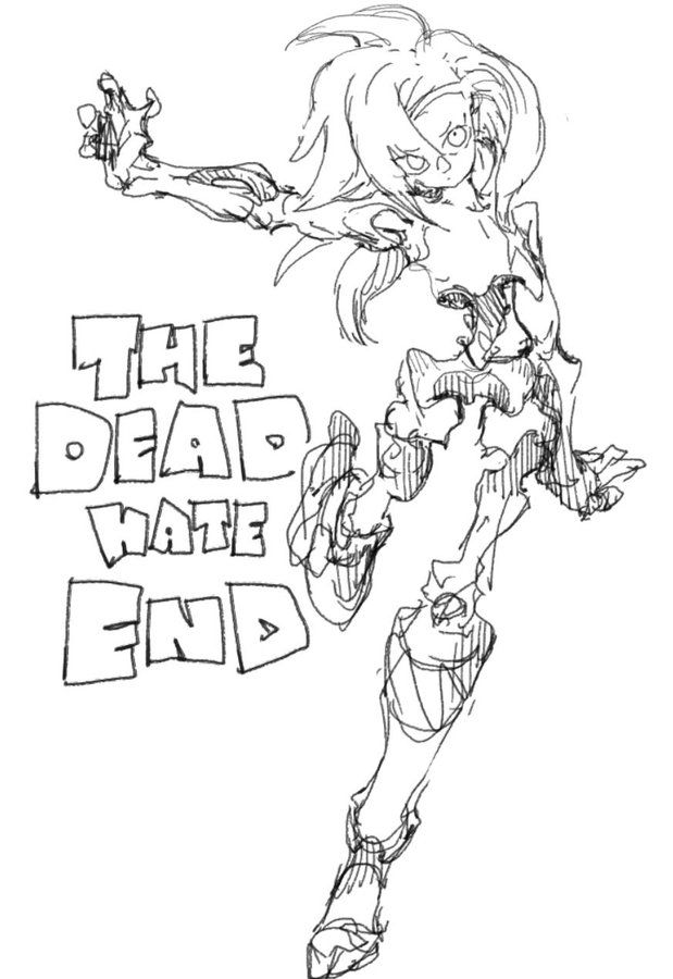 a black and white sketch of a zombie girl character in a dynamic pose. her long hair is wild and messy, and she is wearing torn clothing. her eyes are glowing with an eerie light. the image is stylized and abstract, with a strong sense of movement and energy. the character is labelled with the words "the dead hate end".
