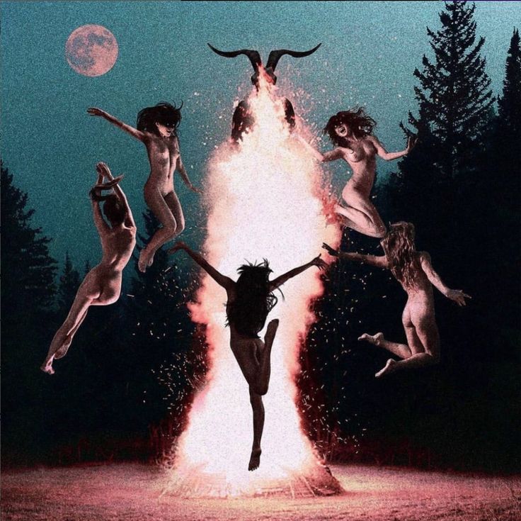 the image depicts a surreal and dark scene seemingly portraying a satanic ritual. five nude women are leaping and dancing around a large bonfire, from which a fiery, goatheaded figure emerges. the backdrop is a dark forest under a full moon. the overall aesthetic is a blend of fantasy, horror, and occult imagery.  the style suggests album art or a piece created for a similar context. the scene is heavily stylized, with a grainy, almost vintage texture.  the intense flames and the women's movements create a dynamic and unsettling atmosphere.