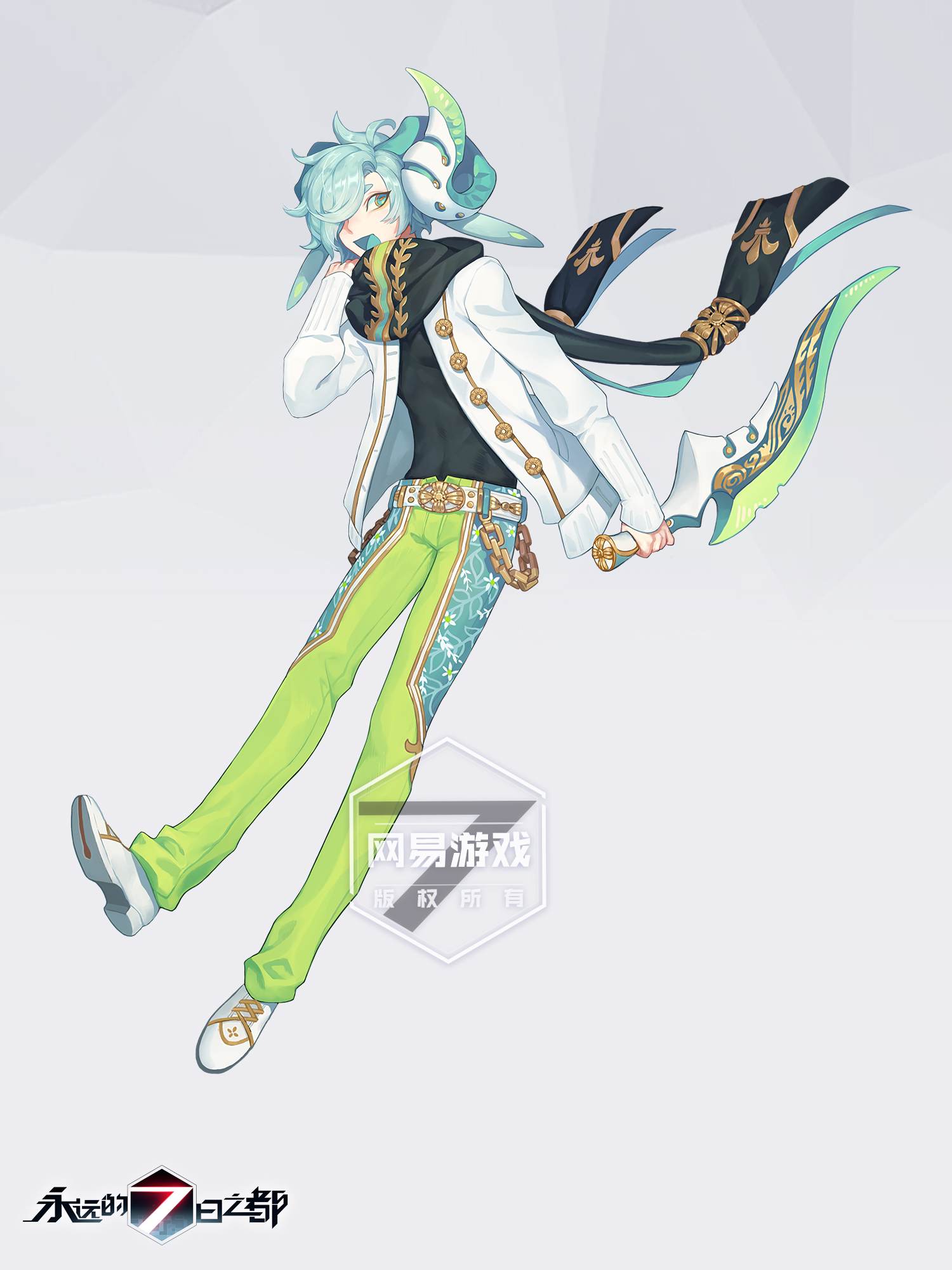 this is a digital drawing of an anime boy with green hair and white clothing. he is holding a large green weapon with a golden handle. the boy is in a standing pose with his legs spread apart. he is wearing a white jacket with a black hood and green pants. he has a green scarf around his neck. the background is a light grey.