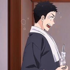 the image shows an anime character, a male with black hair, wearing a dark blue kimono with a white towel around his neck. he is standing by a brown door, holding a white package and looking surprised, worried, and concerned. he seems to be in a hurry or in a state of confusion. the background is simple and the focus is on the character's expression and posture.