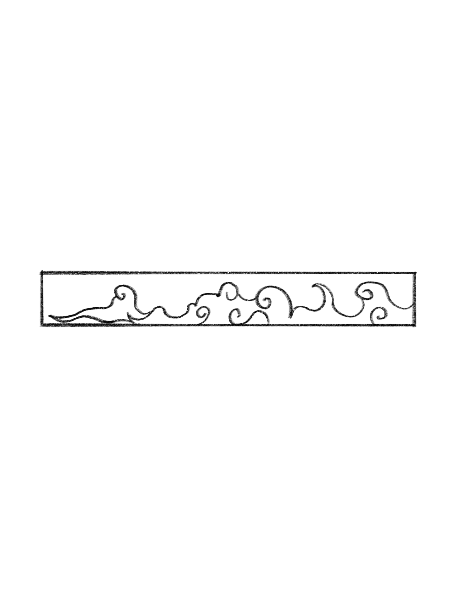 the image is a black and white drawing of a rectangle that contains a series of stylized clouds. the clouds are drawn with swirling lines and circular shapes, and they appear to be floating within the rectangular frame. the overall effect is a simple yet elegant design.