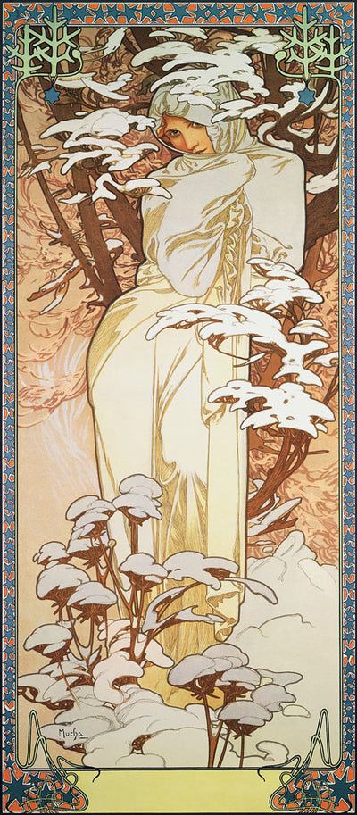 this is an art nouveau painting by alphonse mucha titled "winter". it features a woman dressed in a white dress and hood, standing in a snowy landscape. the trees are covered in snow, and the woman seems to be embracing herself, possibly to keep warm. the artwork is framed with a decorative border typical of the art nouveau style.