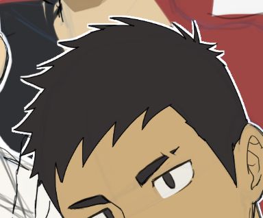 a stylized, closeup illustration features the face of a young man with short, spiky dark hair and brown eyes. rendered in a manga or anime style, the drawing is a work in progress, with visible linework and shading, focusing on the character's head and upper torso. the color scheme primarily utilizes earth tones, contributing to the sketch's unfinished appearance.