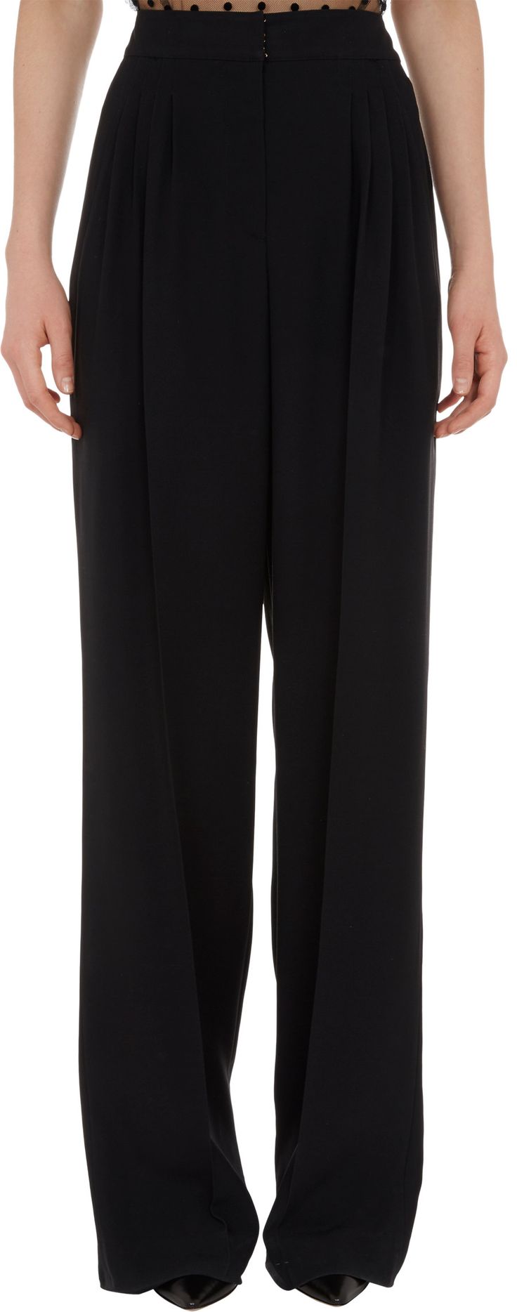the image shows a pair of elegant black palazzo pants. these are highwaisted and feature pleats, giving them a formal and structured appearance. the wide leg design creates a flowing silhouette, suitable for formal occasions or sophisticated everyday wear.