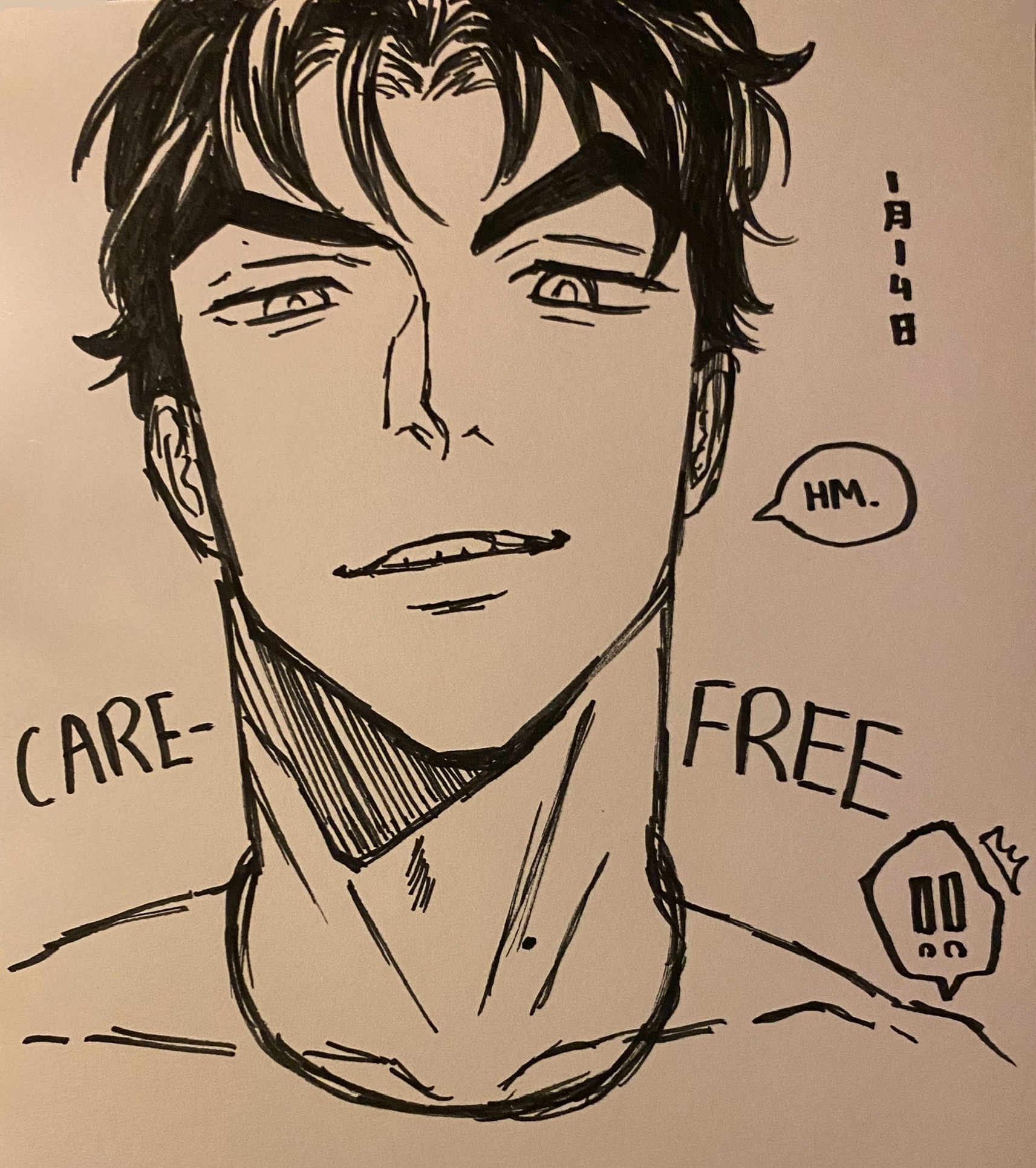 the image is a closeup black and white ink drawing or sketch of a young man's face and upper chest.  the style is reminiscent of manga or anime, featuring bold lines and expressive features. the man has dark hair, slightly angled eyebrows, and a subtle smirk.  there are speech bubbles next to his head, one saying "hm."  the words "care" and "free" are written on either side of the figure, implying a contrast in attitude or mindset. a small cartoonish symbol resembling a speech bubble with two parallel lines inside is placed in the bottom right. the overall drawing style suggests a level of detail indicative of a practiced hand.